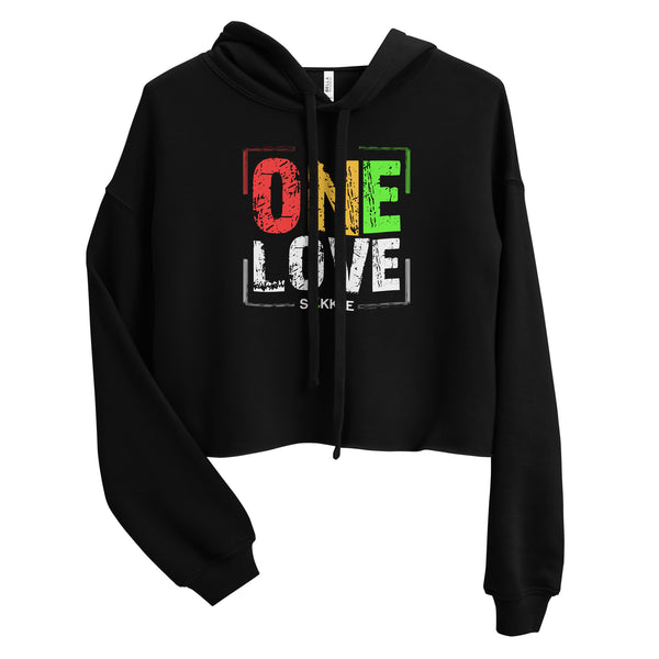 One Love Distressed Print Crop Hoodie